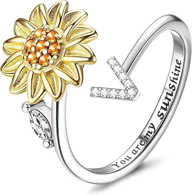 S925 Silver Sunflower Spinner Ring Personalized A-Z Initial CZ