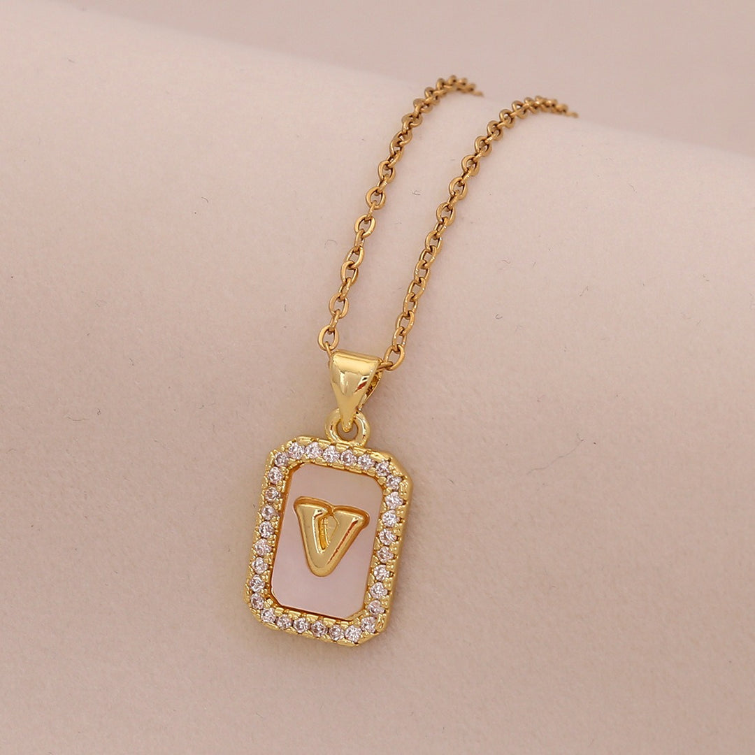 18K Gold Mother of Pearl Initial Necklace CZ Framed A-Z Square Letter Pendant