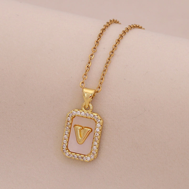 18K Gold Mother of Pearl Initial Necklace CZ Framed A-Z Square Letter Pendant