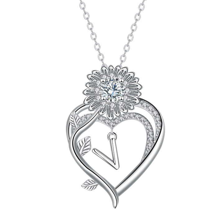 S925 Silver Sunflower Heart Initial Necklace Personalized A-Z Letter Pendant