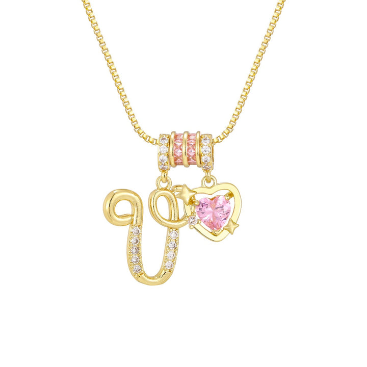 Romantic Custom · 18K Gold Plated Letter & Pink Heart DIY Necklace