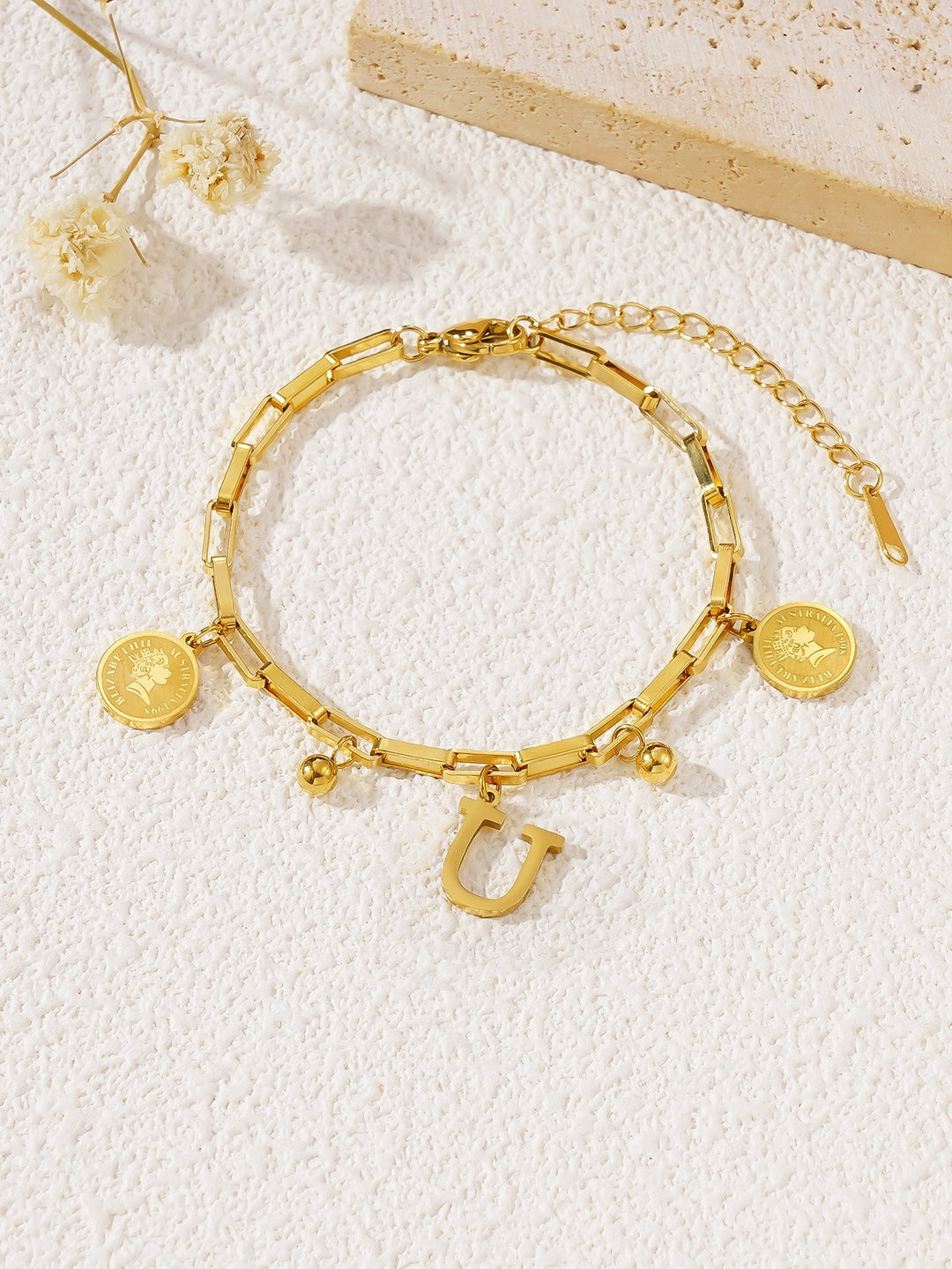Personalized Initial Lucky Charm 26-Letter Vintage Coin 18K Gold Bracelet