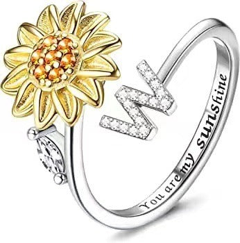 S925 Silver Sunflower Spinner Ring Personalized A-Z Initial CZ