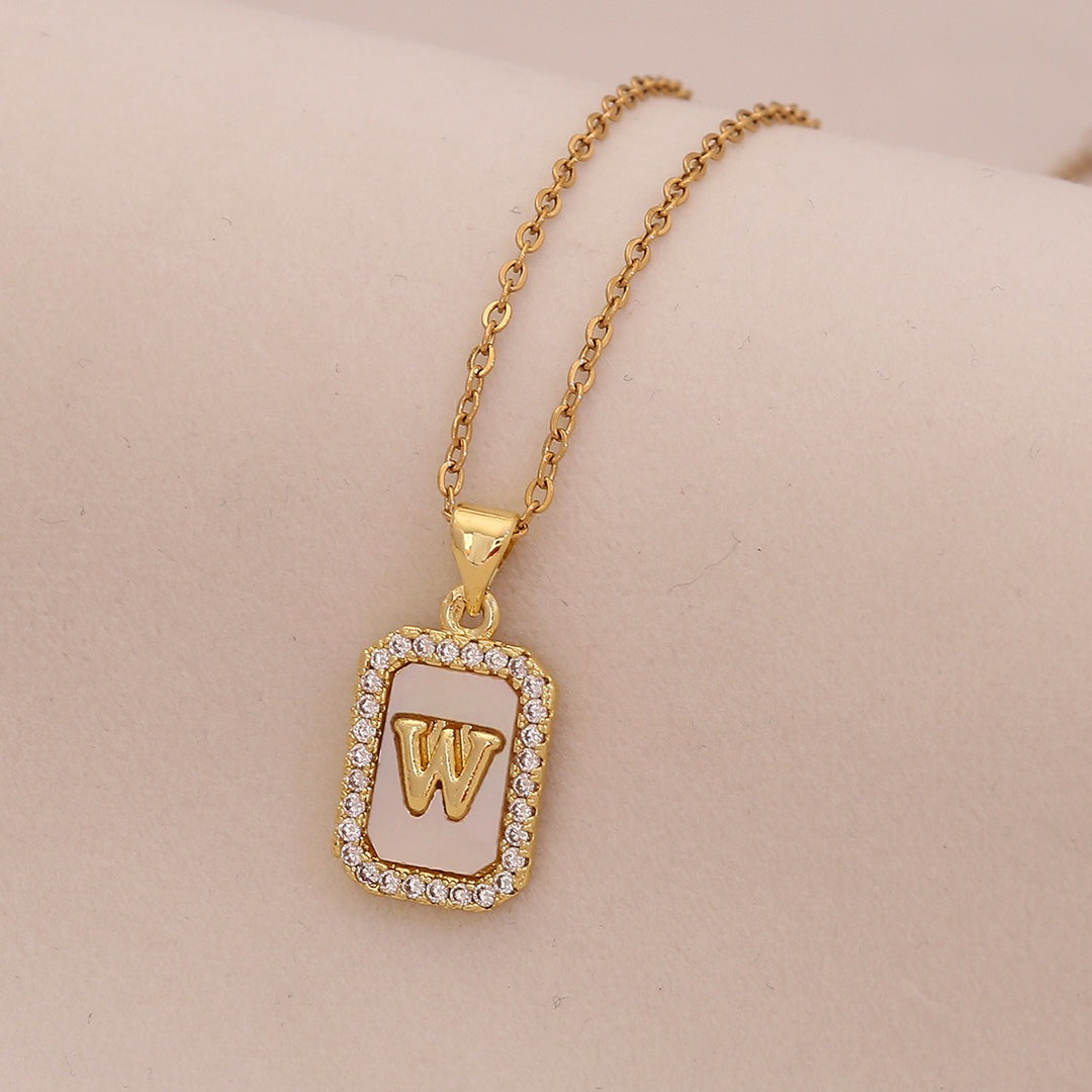 18K Gold Mother of Pearl Initial Necklace CZ Framed A-Z Square Letter Pendant