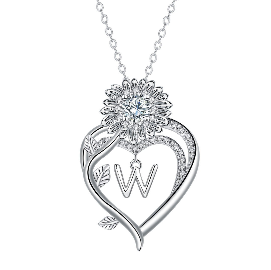 S925 Silver Sunflower Heart Initial Necklace Personalized A-Z Letter Pendant