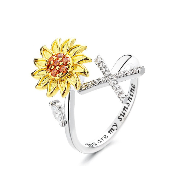 S925 Silver Sunflower Spinner Ring Personalized A-Z Initial CZ