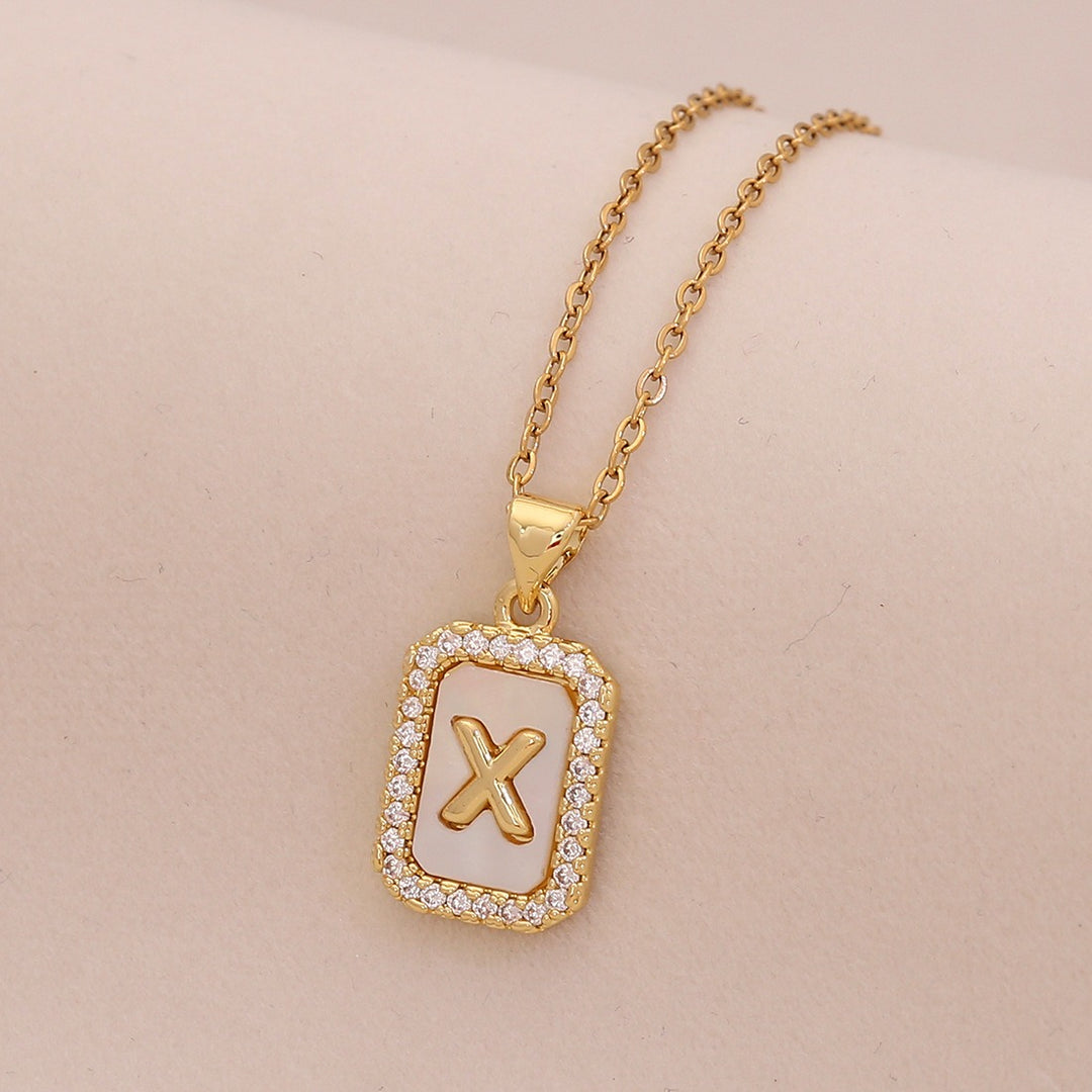 18K Gold Mother of Pearl Initial Necklace CZ Framed A-Z Square Letter Pendant