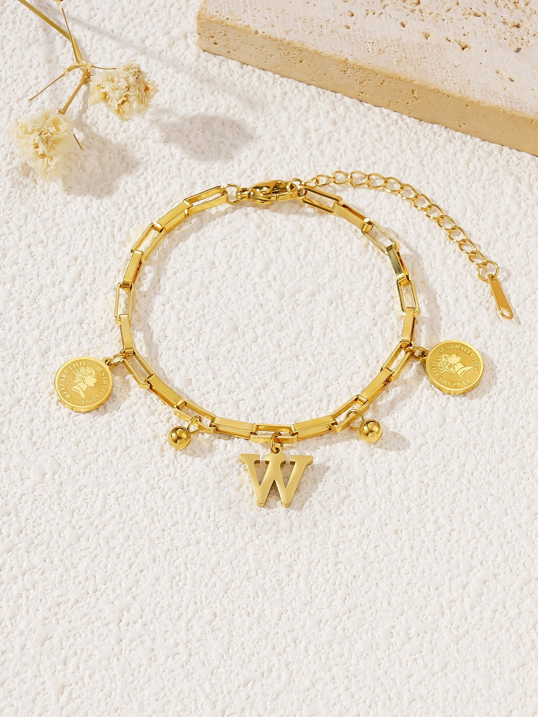 Personalized Initial Lucky Charm 26-Letter Vintage Coin 18K Gold Bracelet