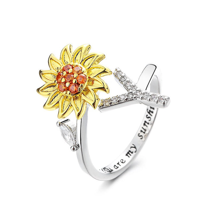 S925 Silver Sunflower Spinner Ring Personalized A-Z Initial CZ