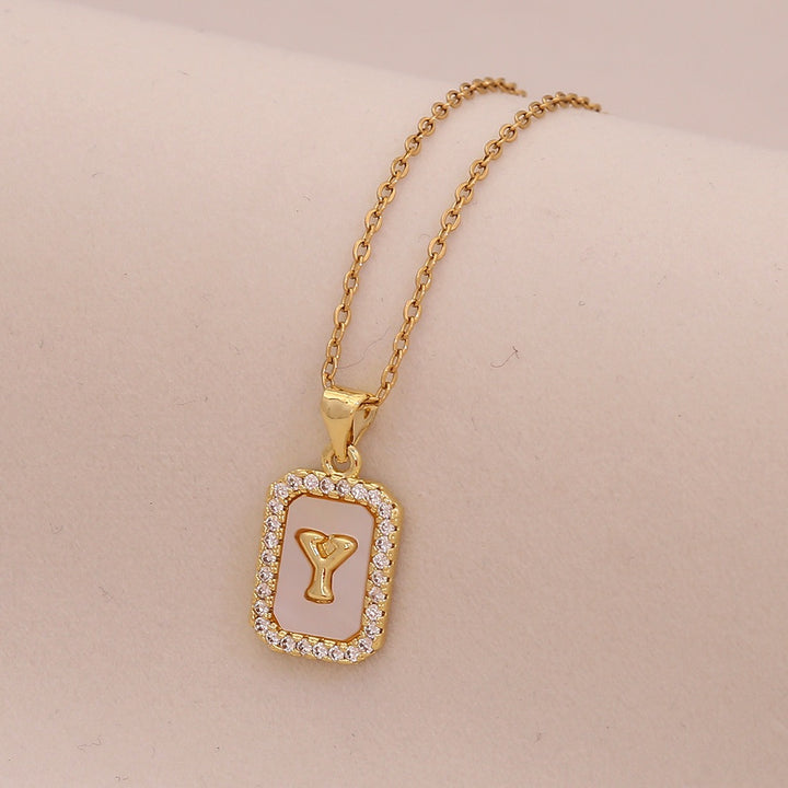 18K Gold Mother of Pearl Initial Necklace CZ Framed A-Z Square Letter Pendant