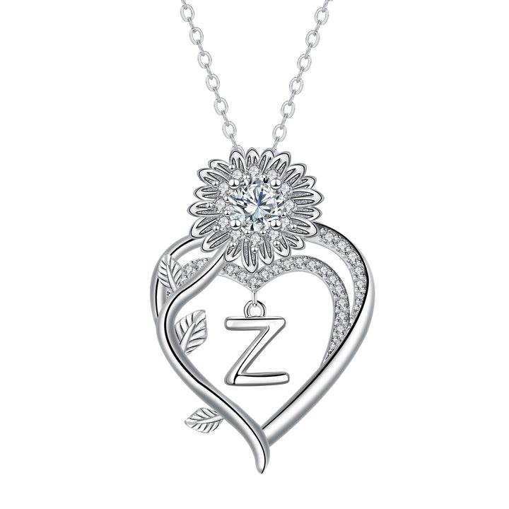 S925 Silver Sunflower Heart Initial Necklace Personalized A-Z Letter Pendant
