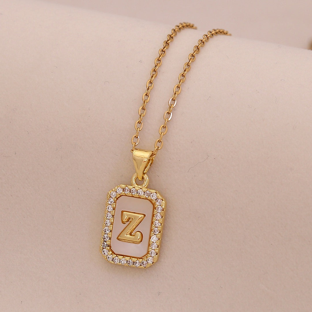 18K Gold Mother of Pearl Initial Necklace CZ Framed A-Z Square Letter Pendant