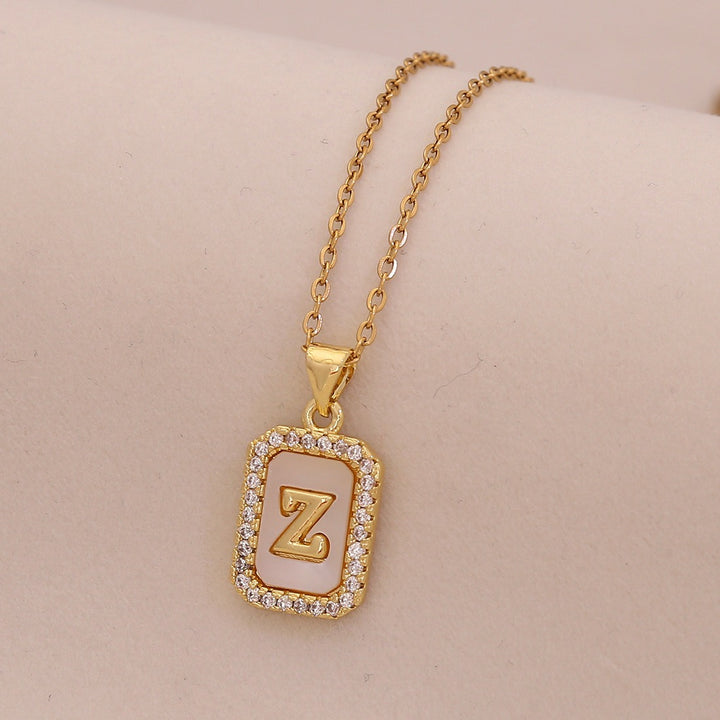 18K Gold Mother of Pearl Initial Necklace CZ Framed A-Z Square Letter Pendant