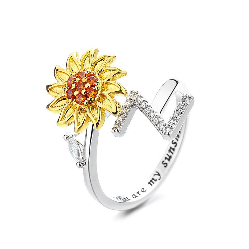 S925 Silver Sunflower Spinner Ring Personalized A-Z Initial CZ