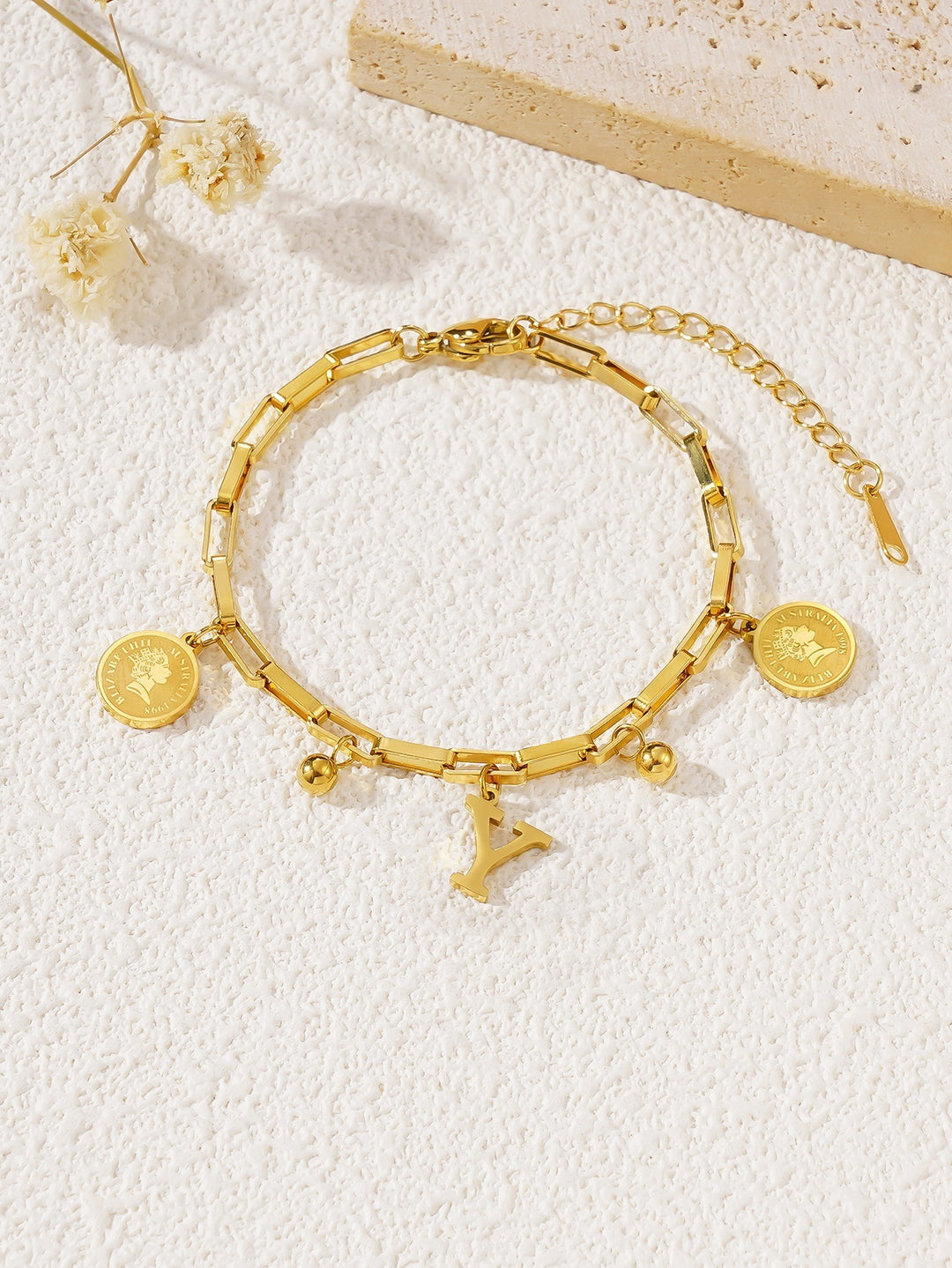Personalized Initial Lucky Charm 26-Letter Vintage Coin 18K Gold Bracelet
