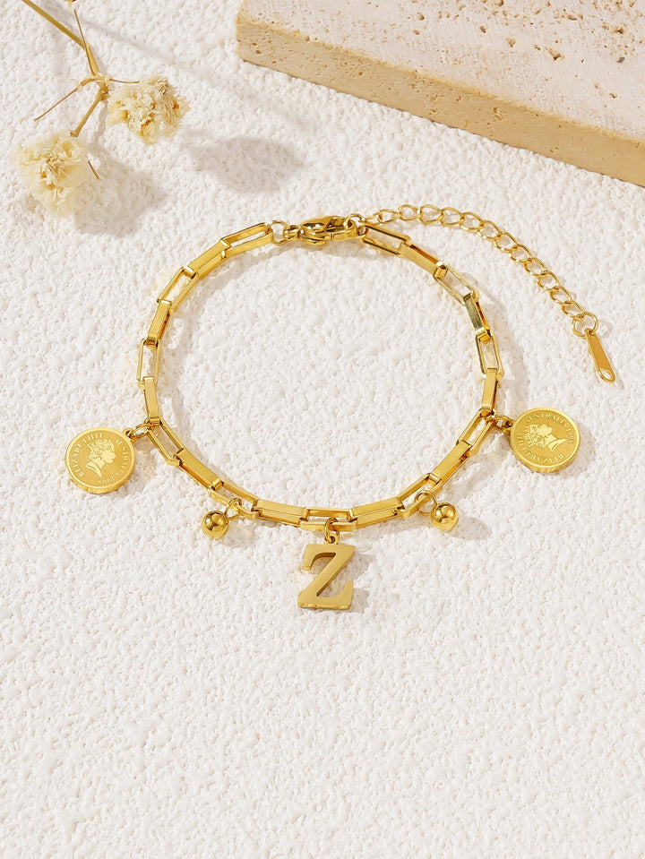 Personalized Initial Lucky Charm 26-Letter Vintage Coin 18K Gold Bracelet