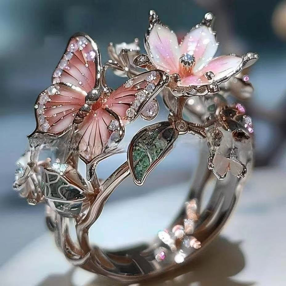 Vintage French Enamel Butterfly & Flower Open Ring