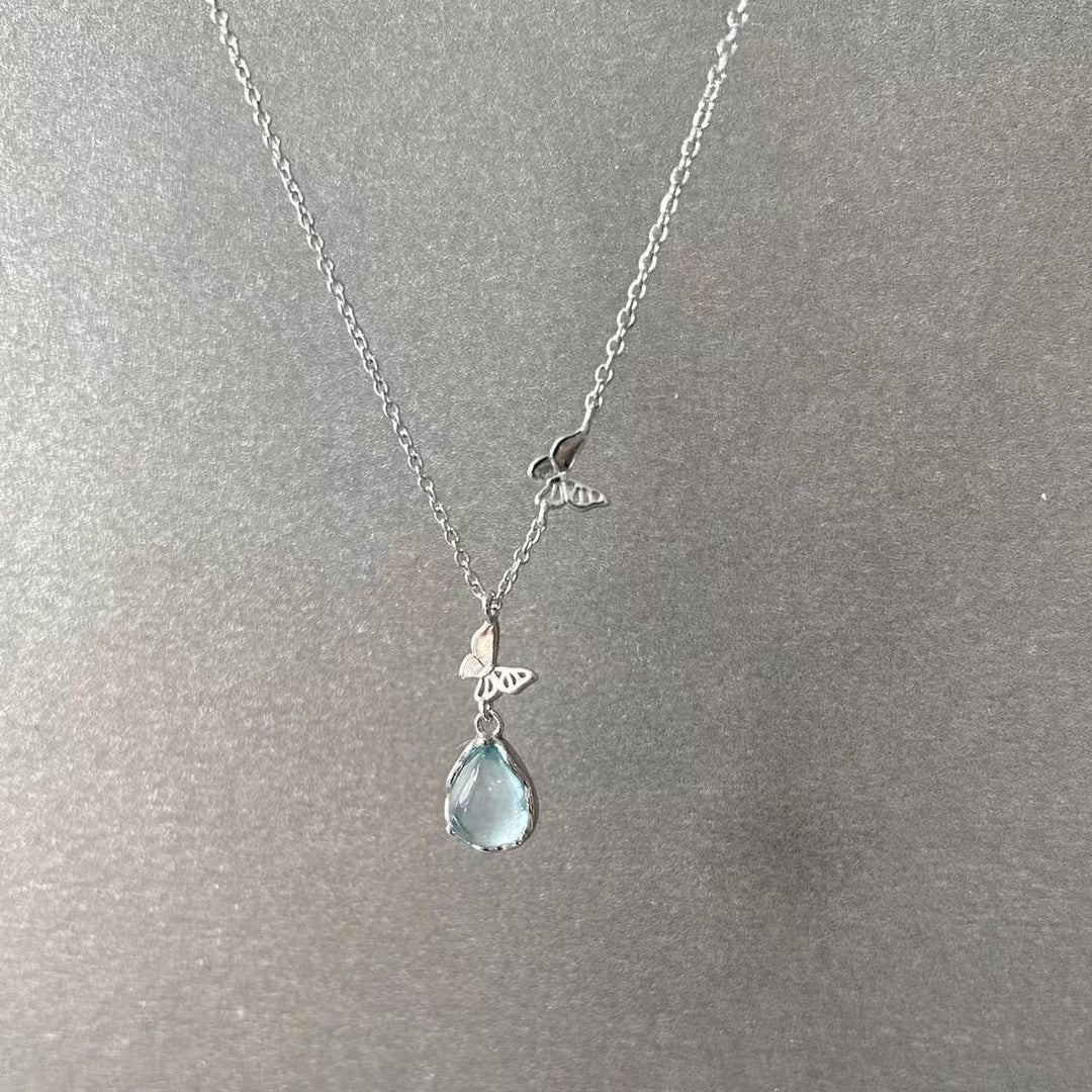 S925 Sterling Silver Ice-Clear Teardrop & Butterfly Necklace