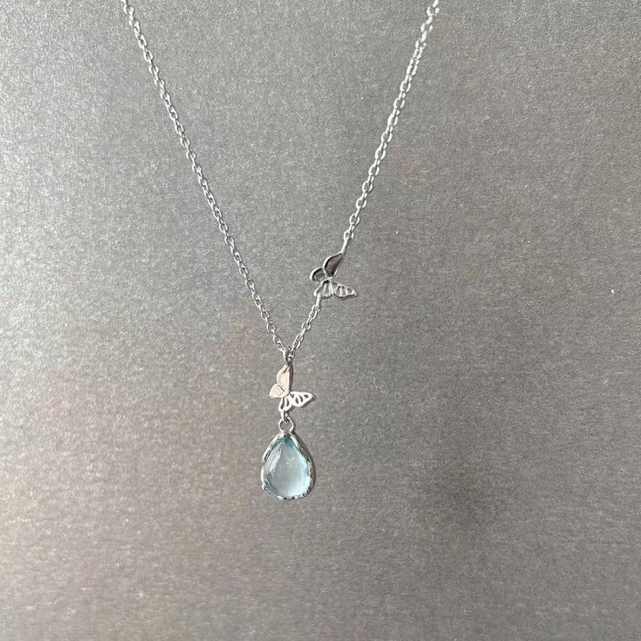 S925 Sterling Silver Ice-Clear Teardrop & Butterfly Necklace