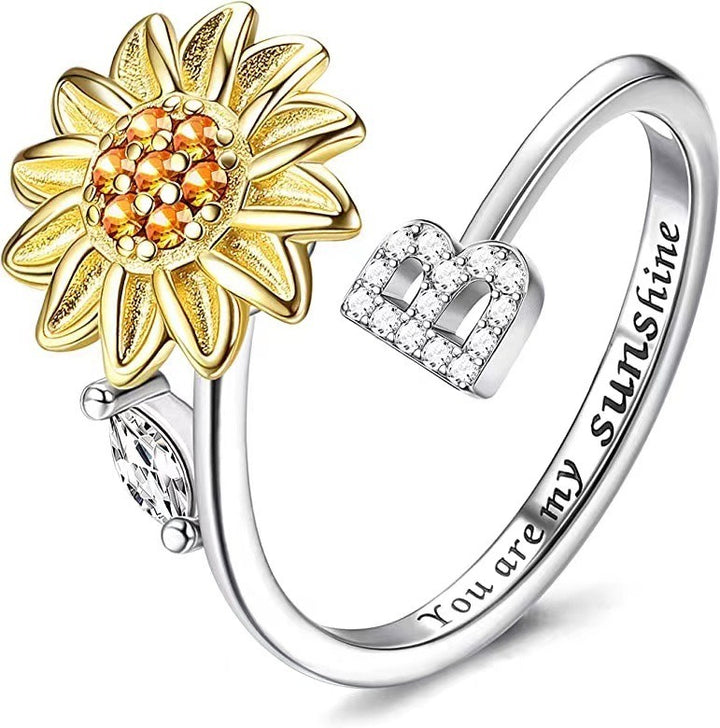 S925 Silver Sunflower Spinner Ring Personalized A-Z Initial CZ