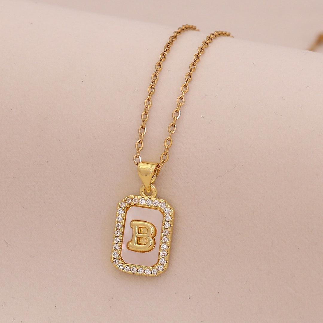 18K Gold Mother of Pearl Initial Necklace CZ Framed A-Z Square Letter Pendant