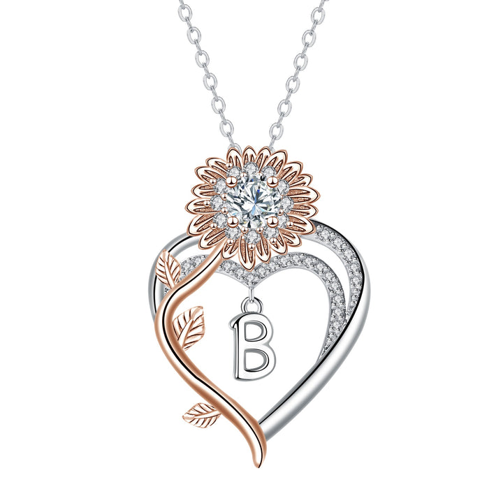 S925 Silver Sunflower Heart Initial Necklace Personalized A-Z Letter Pendant