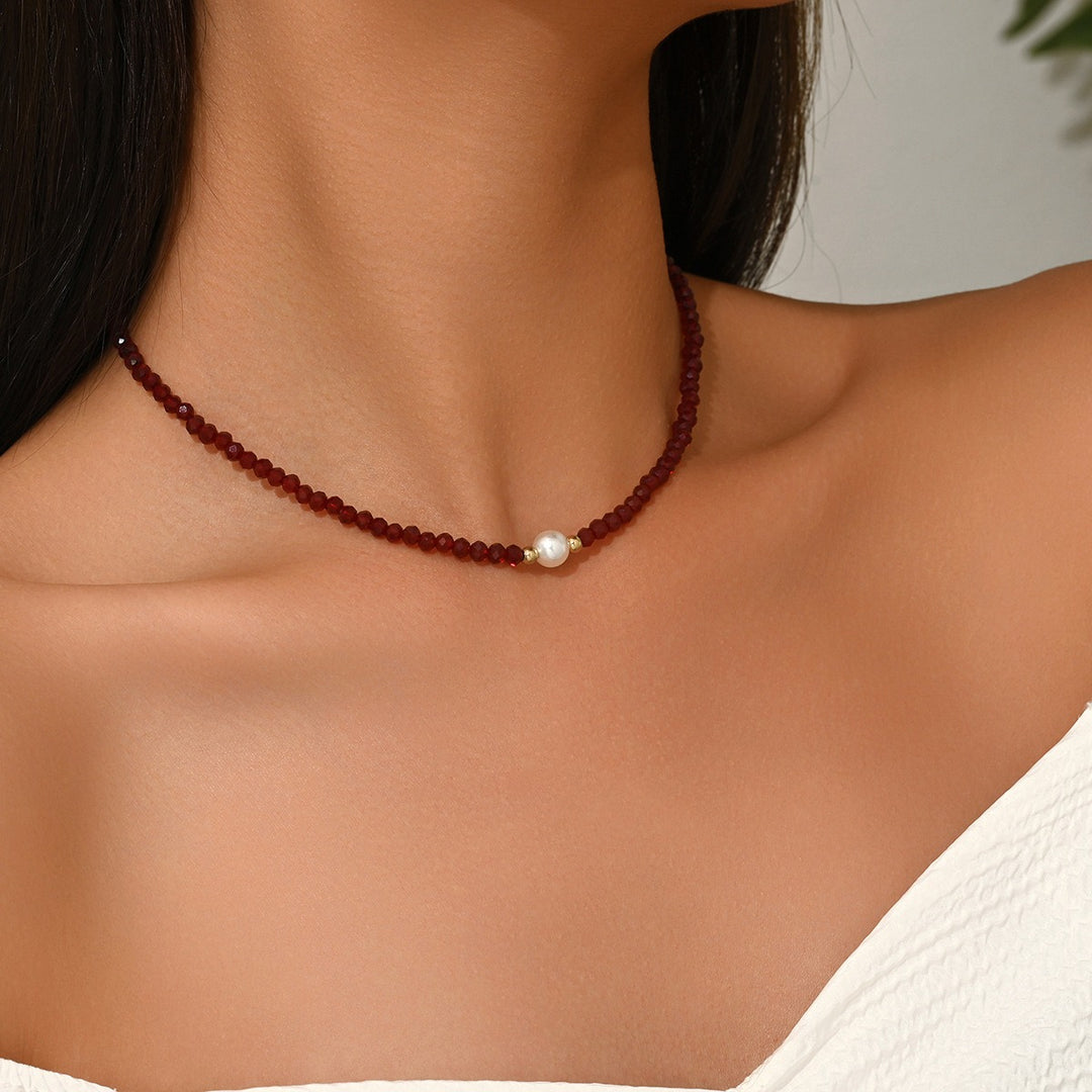 Vintage Garnet Red Beaded Pearl Necklace Set