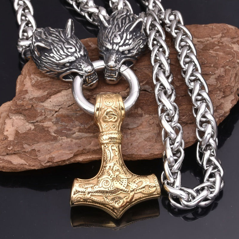 Viking Double Wolf Mjolnir Necklace