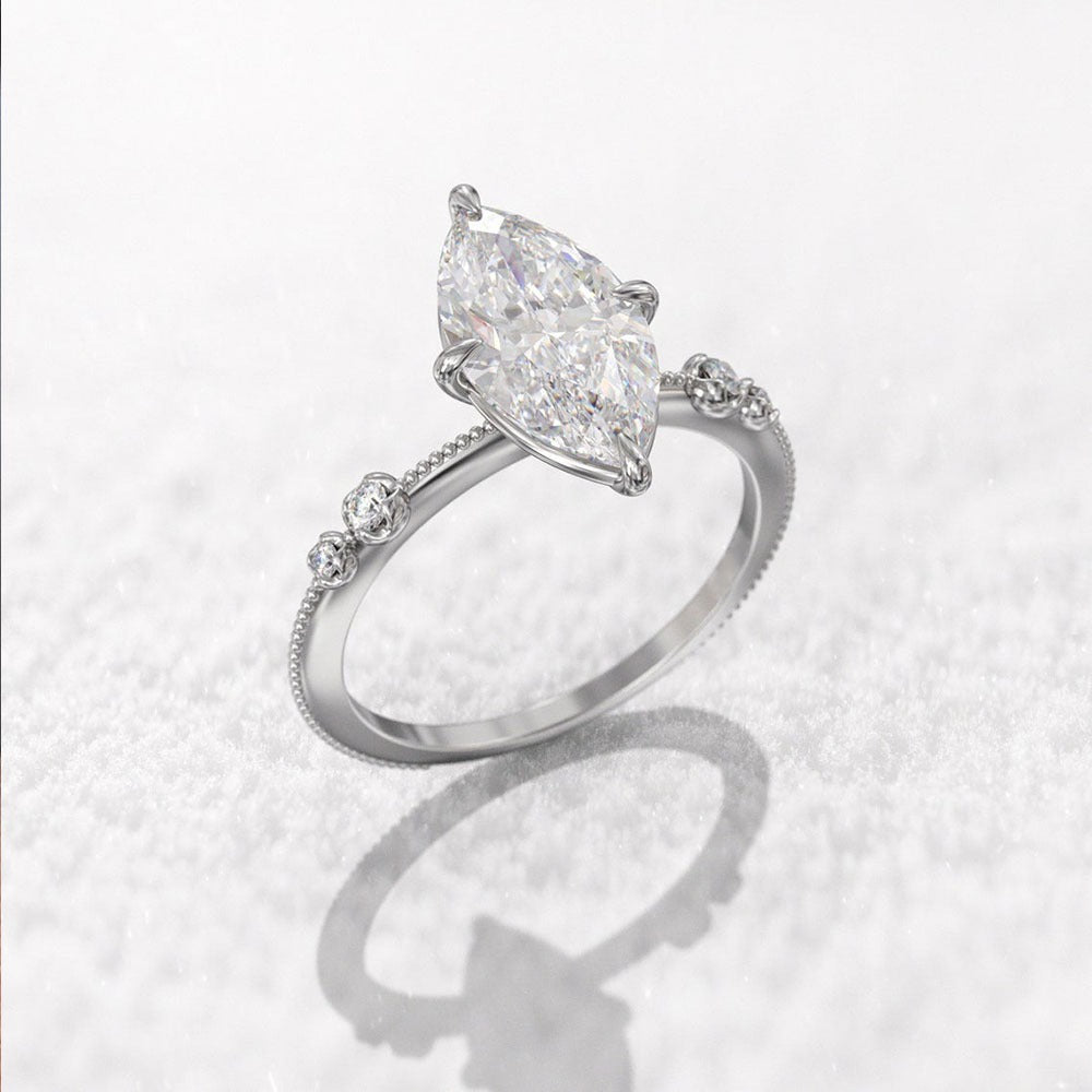 S925 Silver Marquise Cut Ring | Vintage Milgrain Accent Band