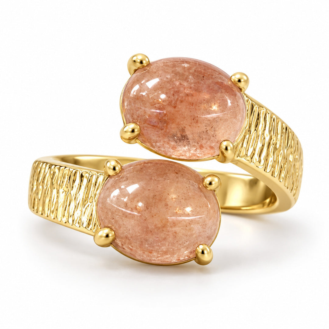 Natural Gemstone 18K Gold Plated Vintage Hammered Double-Stone Open Ring