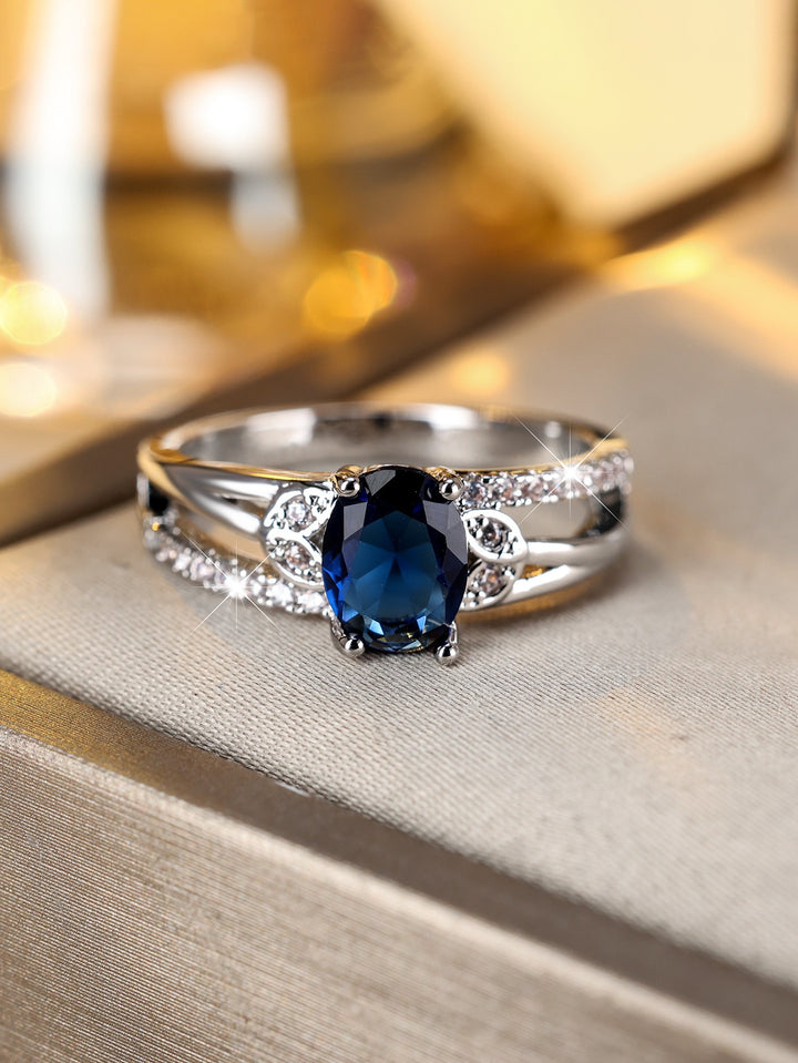 Vintage Leaf Oval Gemstone Double Band Ring