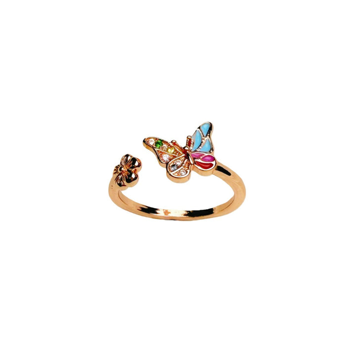 S925 Sterling Silver Enamel Butterfly Flower Open Ring