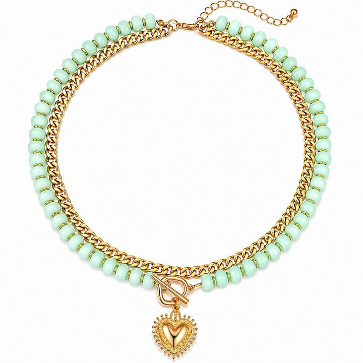 18K Gold Plated Double Layer Beaded Heart Necklace