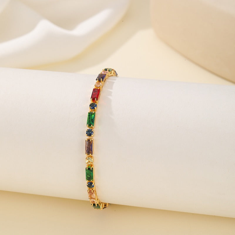 14K Gold Plated Geometric Baguette & Round Gemstone Bracelet