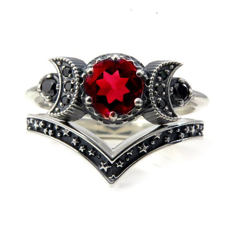 18K Rose Gold/S925 Silver Moon Star Totem Multi-Color Gemstone Ring Dark Light Luxury Band