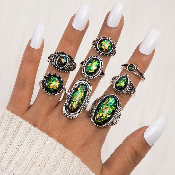 S925 Sterling Silver 7Pcs Vintage Carved Opal Ring Set