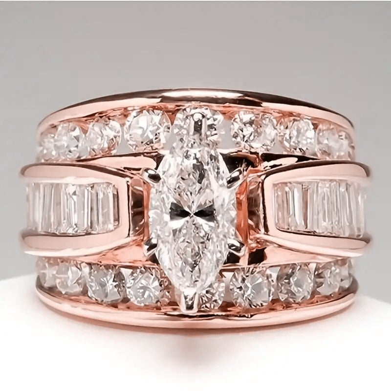 Triple Row Radiance 18K Gold Marquise Diamond Wide Band Ring Luxurious Coronation at Your Fingertips