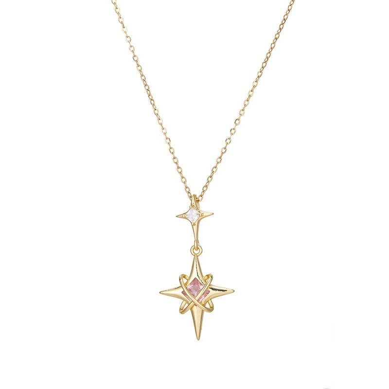 Galactic Wanderer Twin-Stars Dangle Necklace with Pink Clear Gems