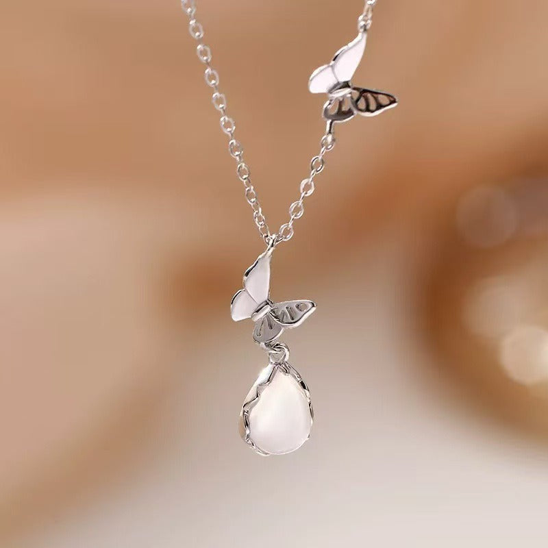 S925 Sterling Silver Ice-Clear Teardrop & Butterfly Necklace