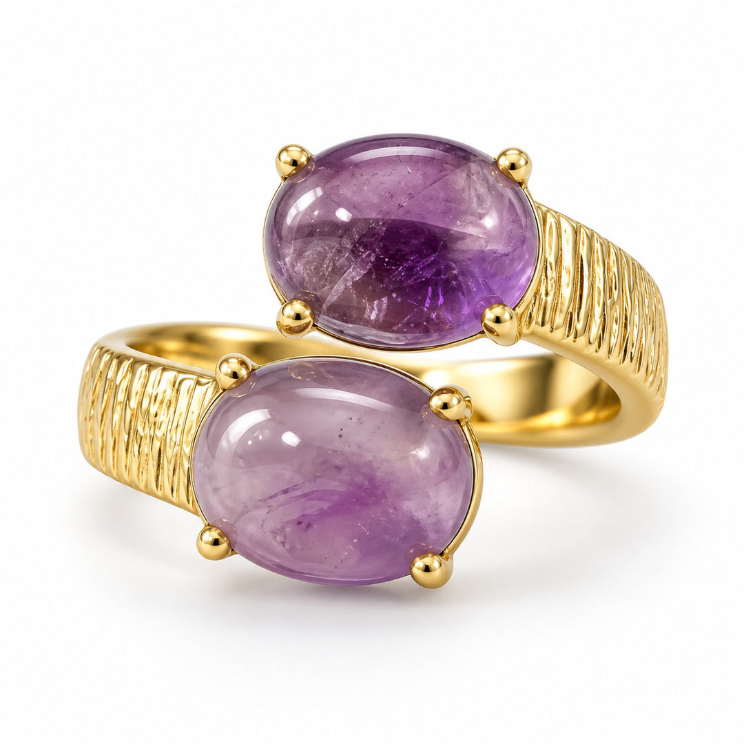 Natural Gemstone 18K Gold Plated Vintage Hammered Double-Stone Open Ring