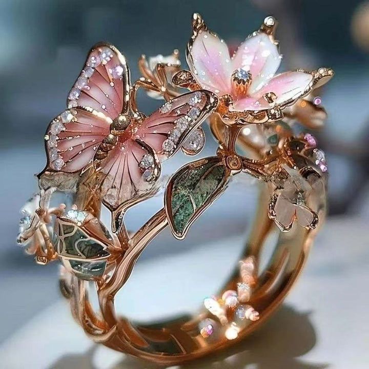 Vintage French Enamel Butterfly & Flower Open Ring