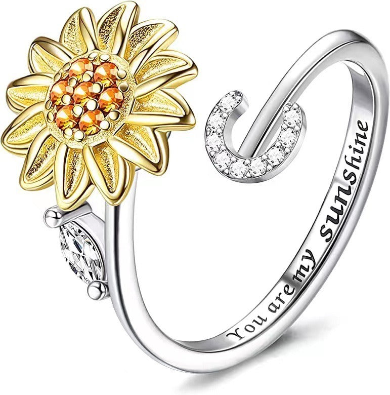 S925 Silver Sunflower Spinner Ring Personalized A-Z Initial CZ