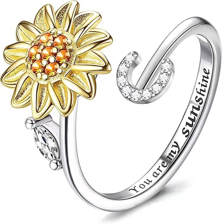 S925 Silver Sunflower Spinner Ring Personalized A-Z Initial CZ