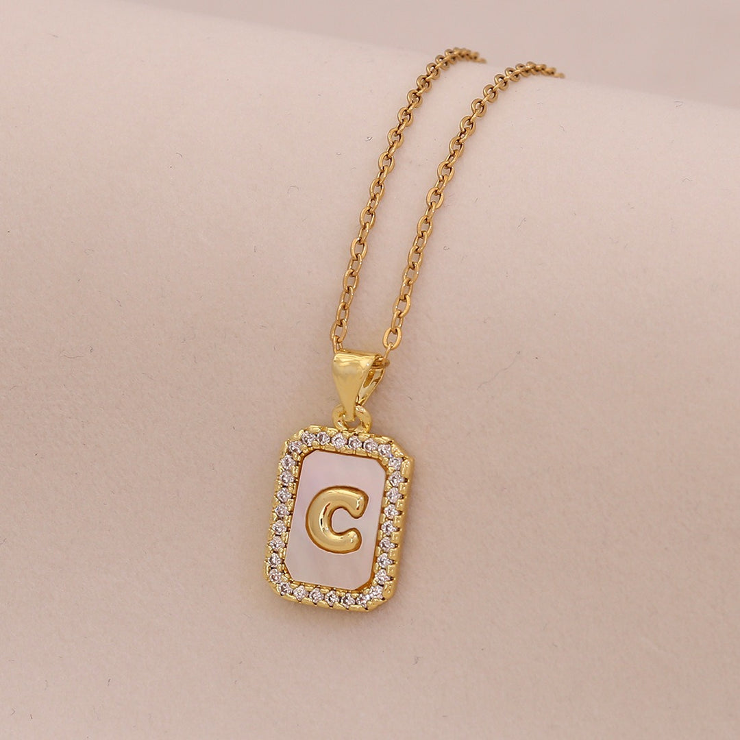 18K Gold Mother of Pearl Initial Necklace CZ Framed A-Z Square Letter Pendant