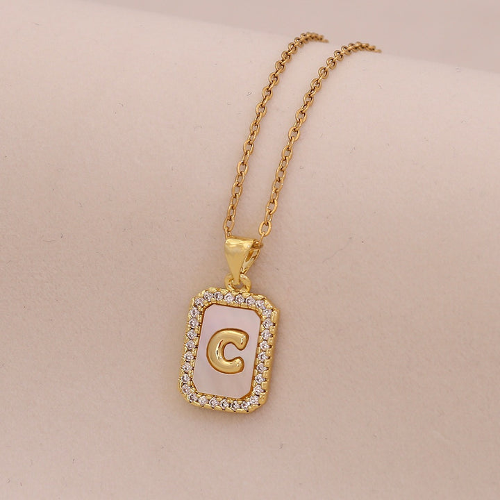 18K Gold Mother of Pearl Initial Necklace CZ Framed A-Z Square Letter Pendant