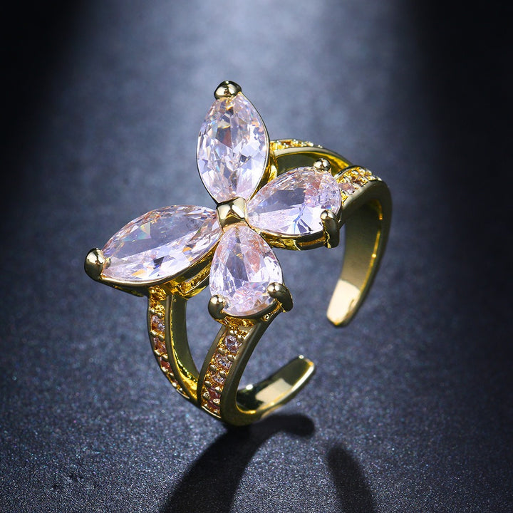 18K Gold Four-Stone Butterfly Open Ring Marquise CZ Adjustable Statement Ring