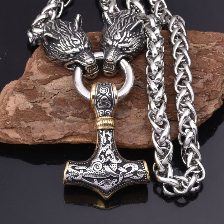 Viking Double Wolf Mjolnir Necklace