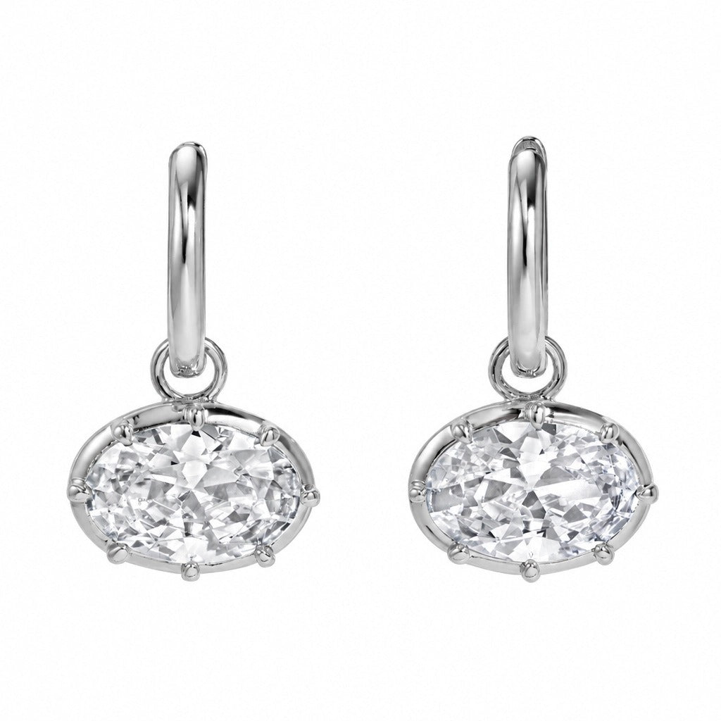 S925 Silver Vintage Bezel Oval CZ Pendant & Hoop Earrings Set