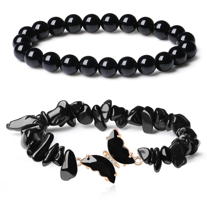 Butterfly Charm Natural Crystal Beaded & Chip Bracelet Set