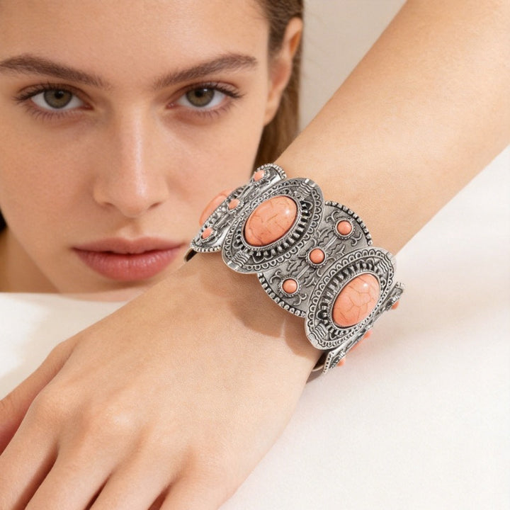 Vintage Bohemian Tribal Engraved Natural Stone Wide Cuff Bracelet